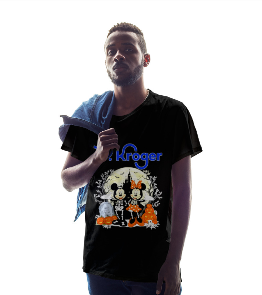 Kroger Mickey And Minnie Mouse Skeleton Halloween Pumpkins And Gravestone T-Shirt