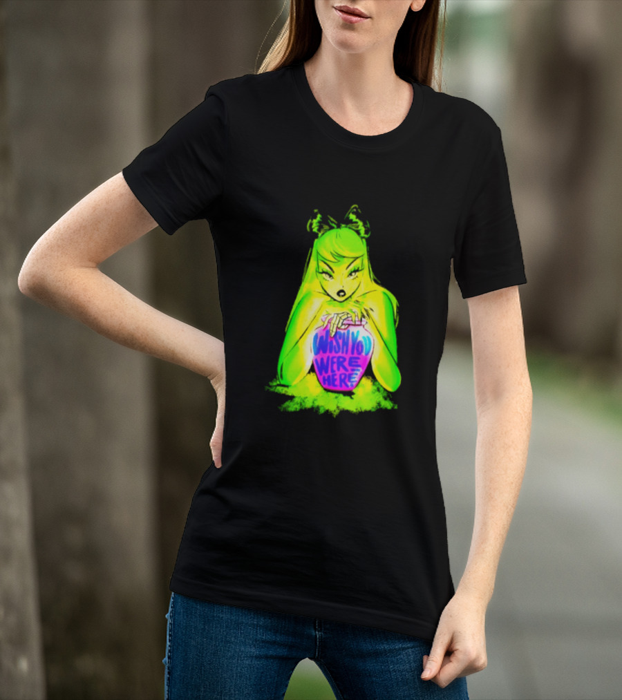 Wish You Were Here Skeleton Urn Goth Spooky Green Yellow Pink Ghostly Aesthetic T-Shirt