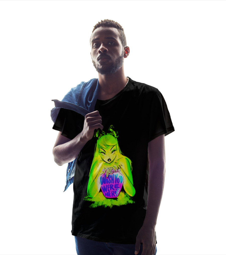 Wish You Were Here Skeleton Urn Goth Spooky Green Yellow Pink Ghostly Aesthetic T-Shirt