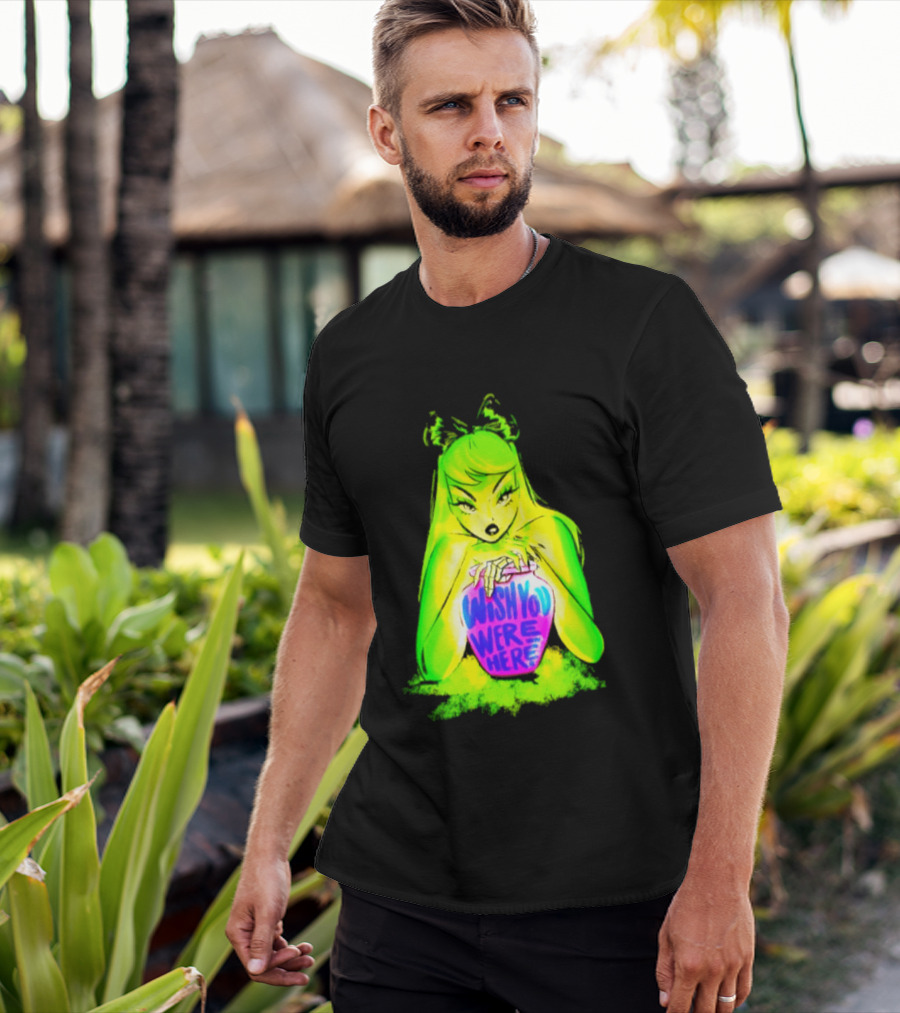Wish You Were Here Skeleton Urn Goth Spooky Green Yellow Pink Ghostly Aesthetic T-Shirt