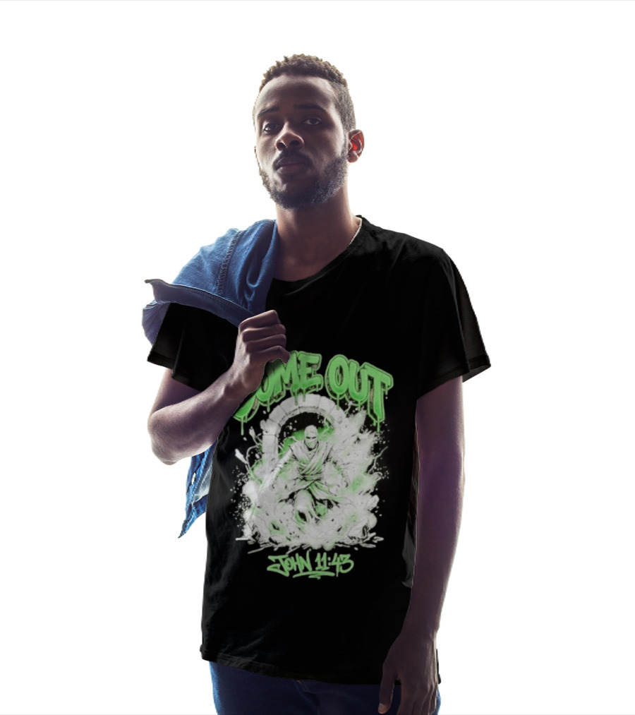 Come Out John 11 43 Mummy Bible Verse Green Drip T-Shirt