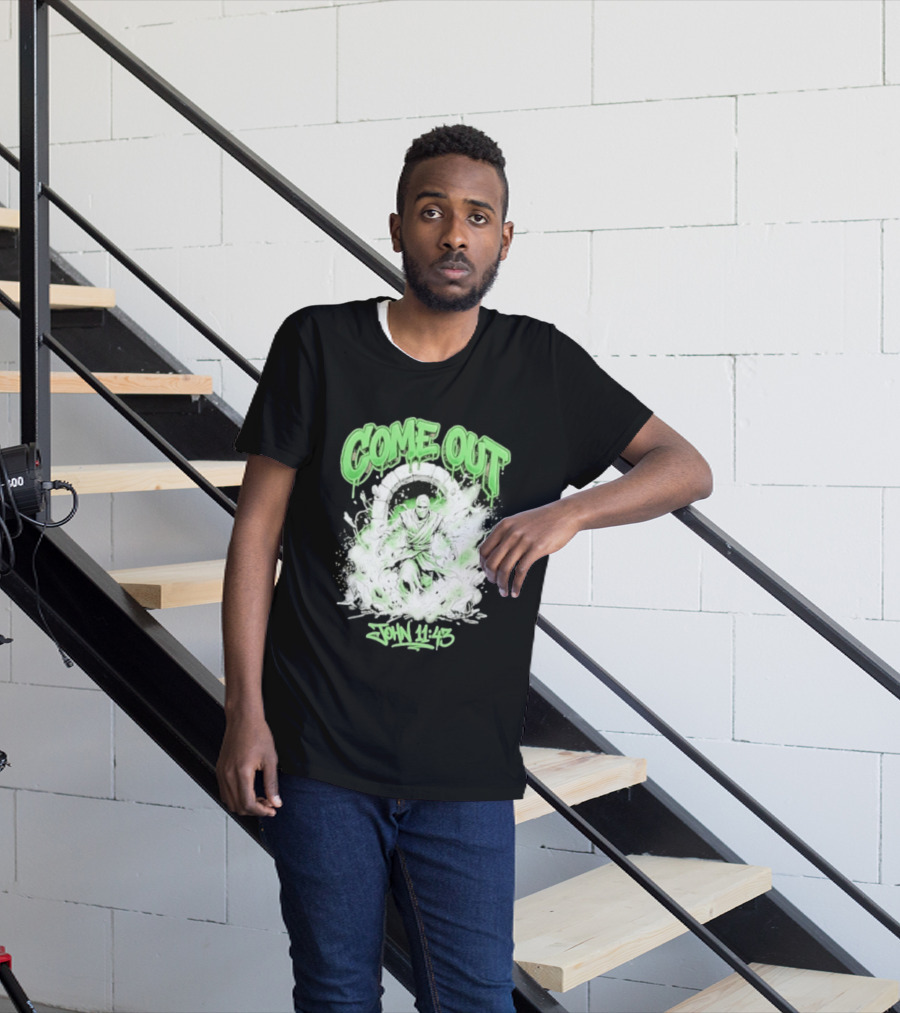 Come Out John 11 43 Mummy Bible Verse Green Drip T-Shirt