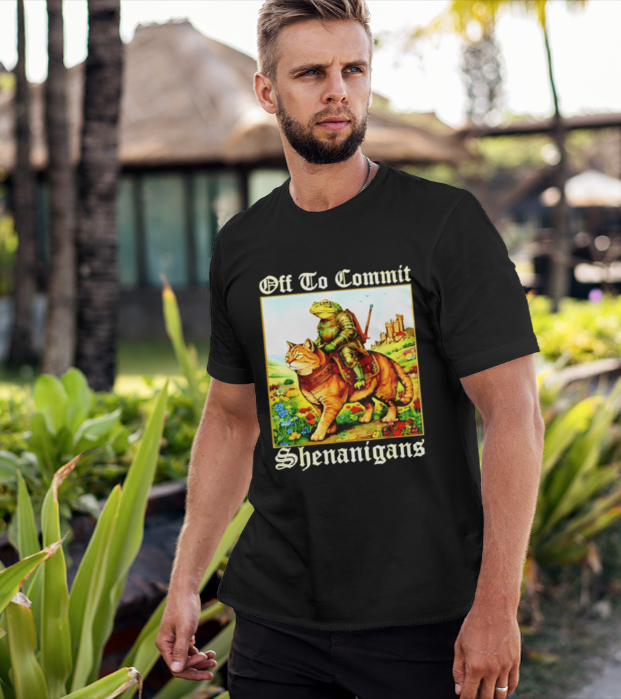 Off To Commit Shenanigans Frog Knight Riding Cat Medieval Adventure T-Shirt