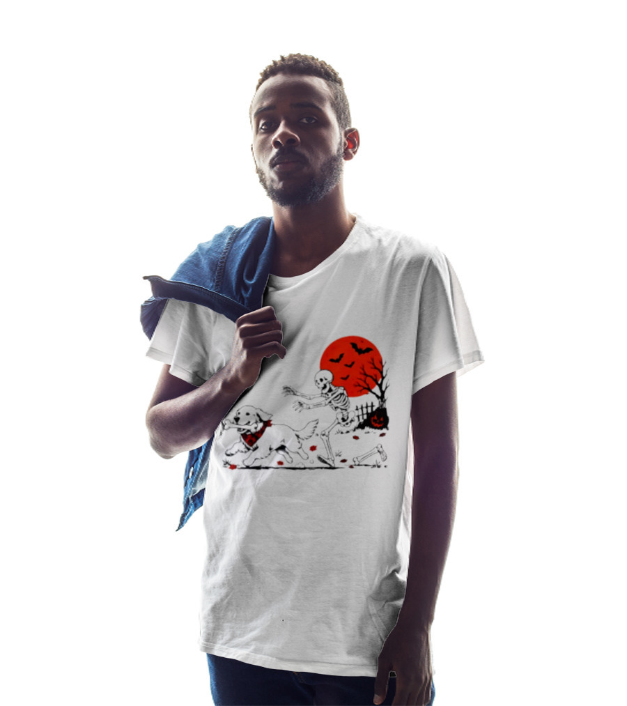 Golden Retriever And Skeleton Chase Under Red Moon With Bats And Pumpkin T-Shirt