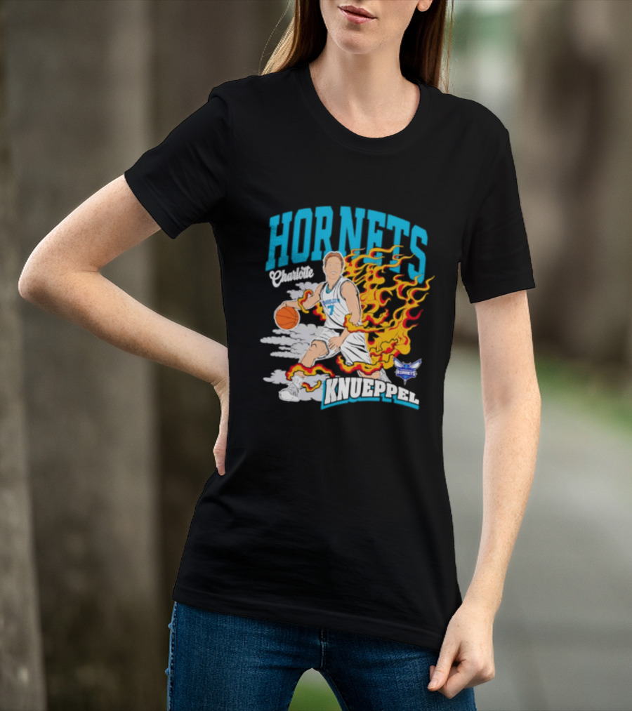 Charlotte Hornets Kon Knueppel Basketball With Flames Motif T-Shirt