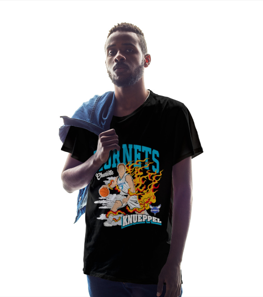 Charlotte Hornets Kon Knueppel Basketball With Flames Motif T-Shirt