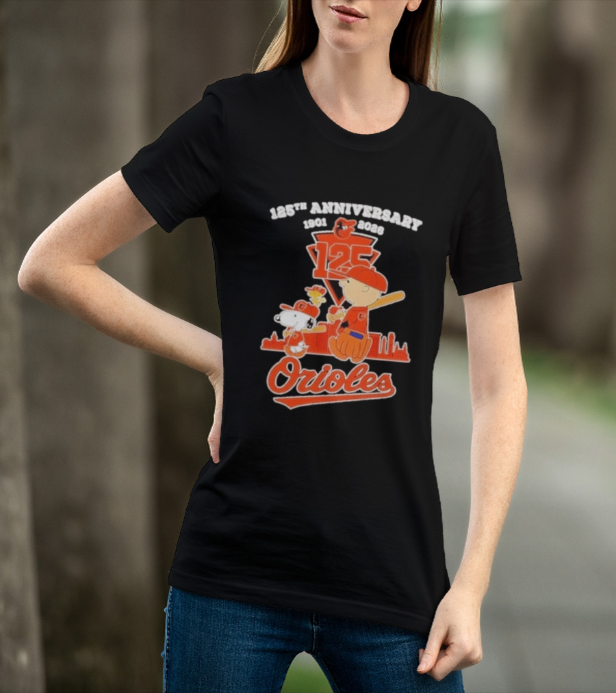 Peanuts Snoopy Baltimore Orioles 125th Anniversary 1901 2026 Skyline Baseball T-Shirt