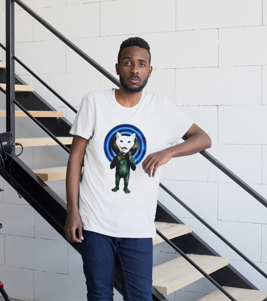 Cat Unzipping Alien Costume Sci Fi Whimsical Blue Ripple Effect T-Shirt