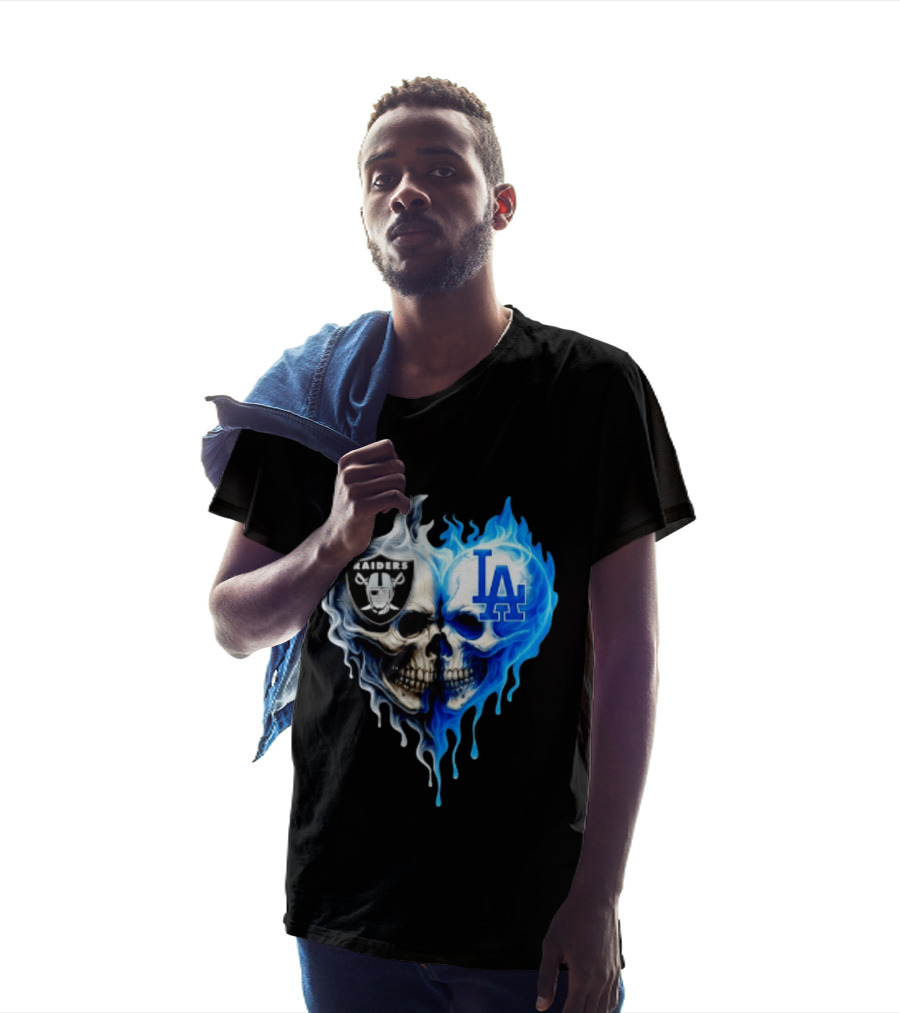 Las Vegas Raiders Los Angeles Dodgers Skulls Heart Blue Flames T-Shirt