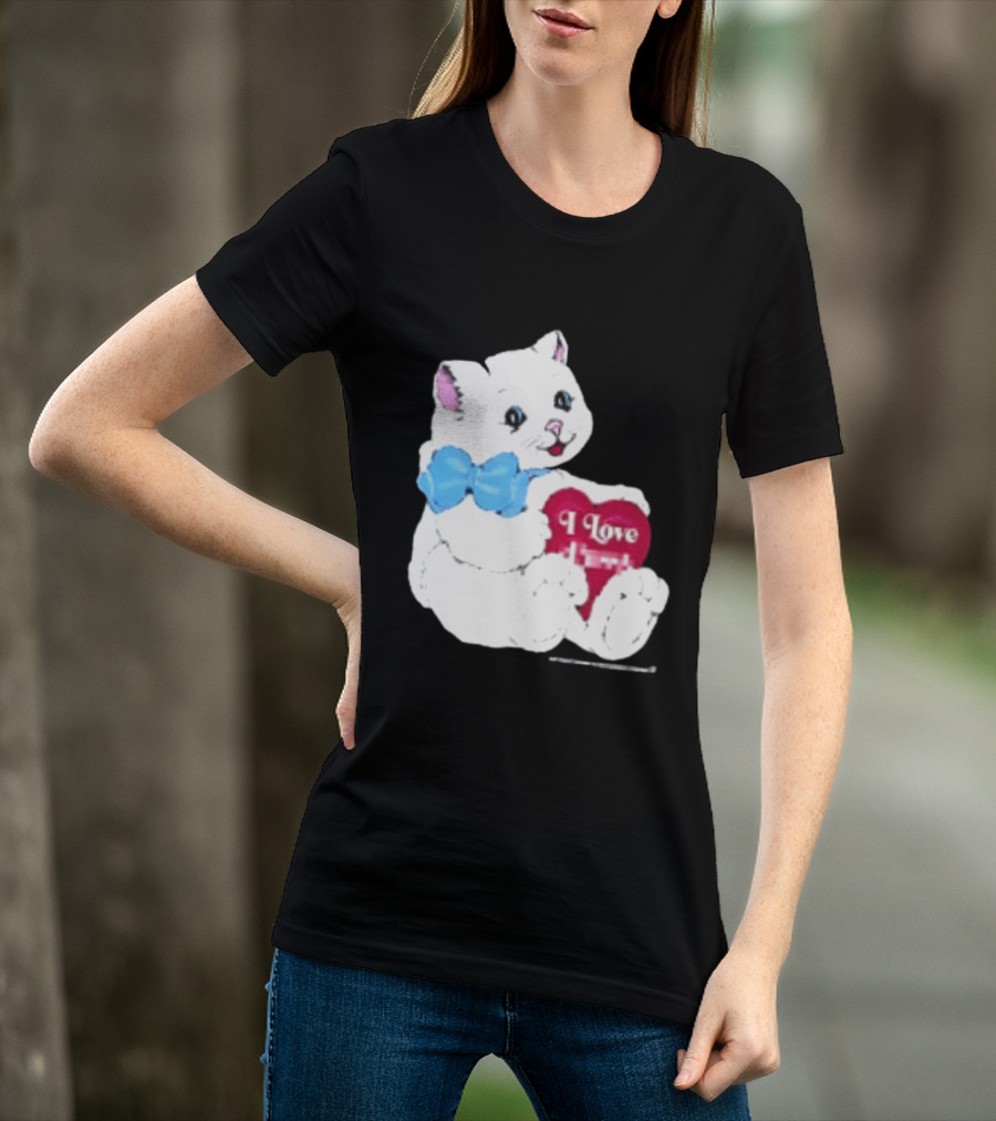 I Love Pussy Cats Heart Blue Bow Adorable White Kitten T-Shirt