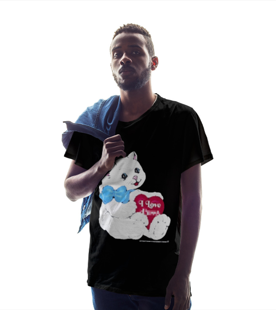I Love Pussy Cats Heart Blue Bow Adorable White Kitten T-Shirt
