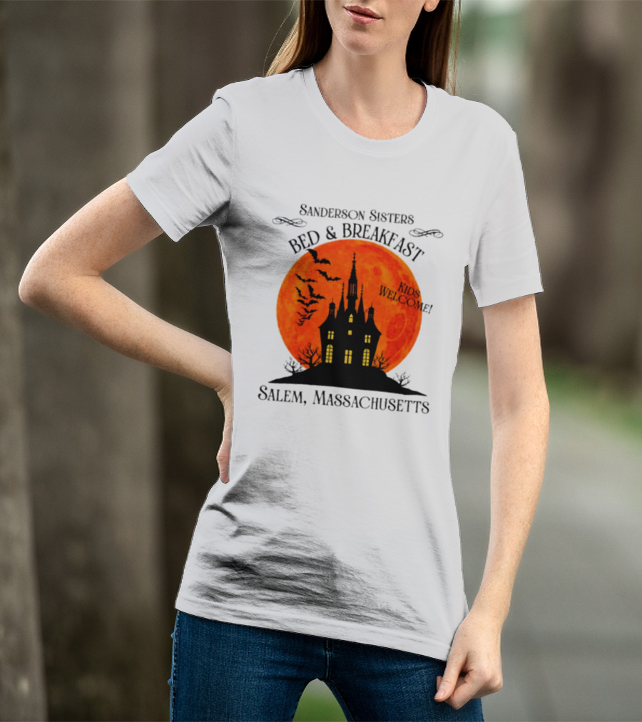 Sanderson Sisters Bed And Breakfast Kids Welcome Salem Massachusetts Halloween Bats Haunted House T-Shirt