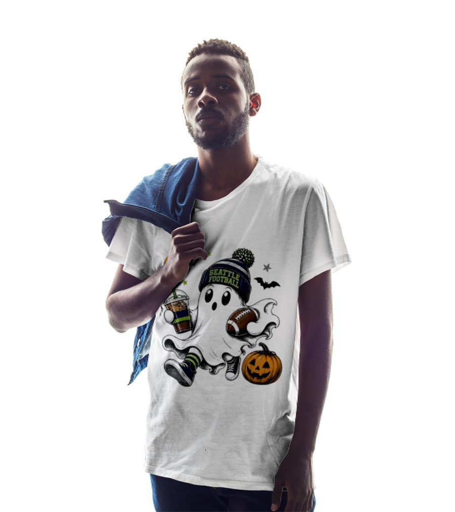 Seattle Football Halloween Ghost With Pumpkin Coffee And Moon T-Shirt