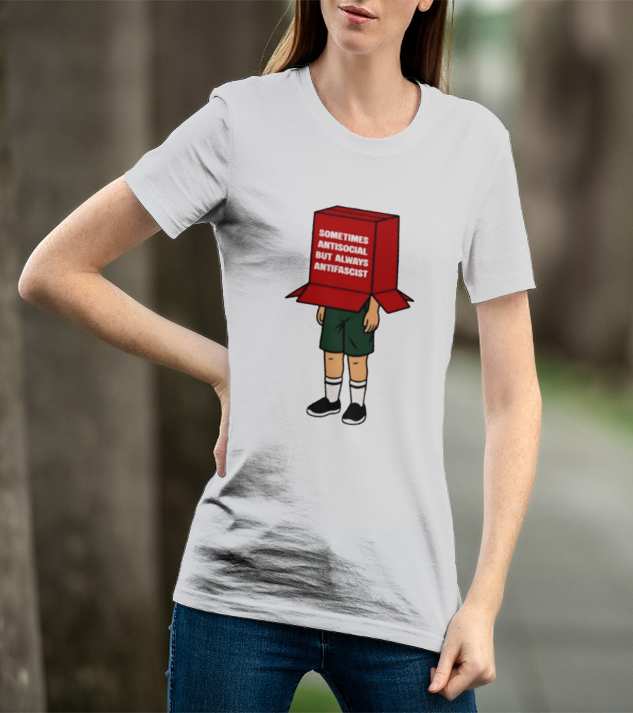 Sometimes Antisocial But Always Antifascist Box Head Cartoon T-Shirt