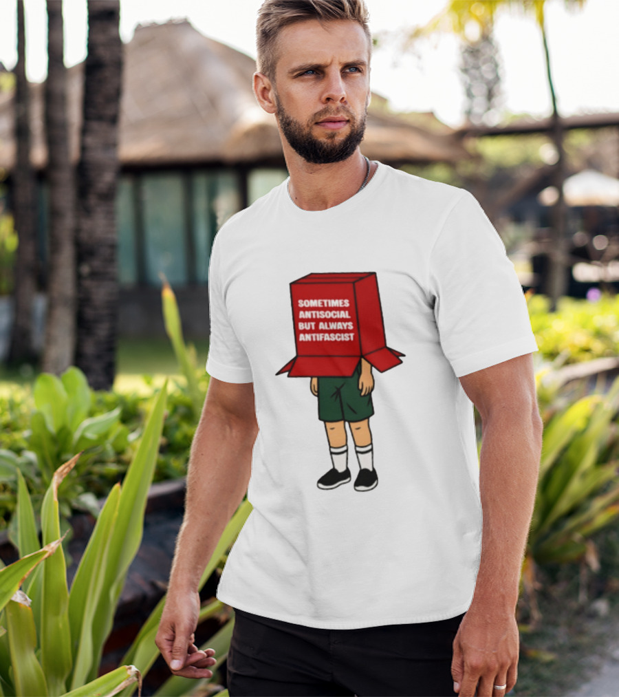 Sometimes Antisocial But Always Antifascist Box Head Cartoon T-Shirt