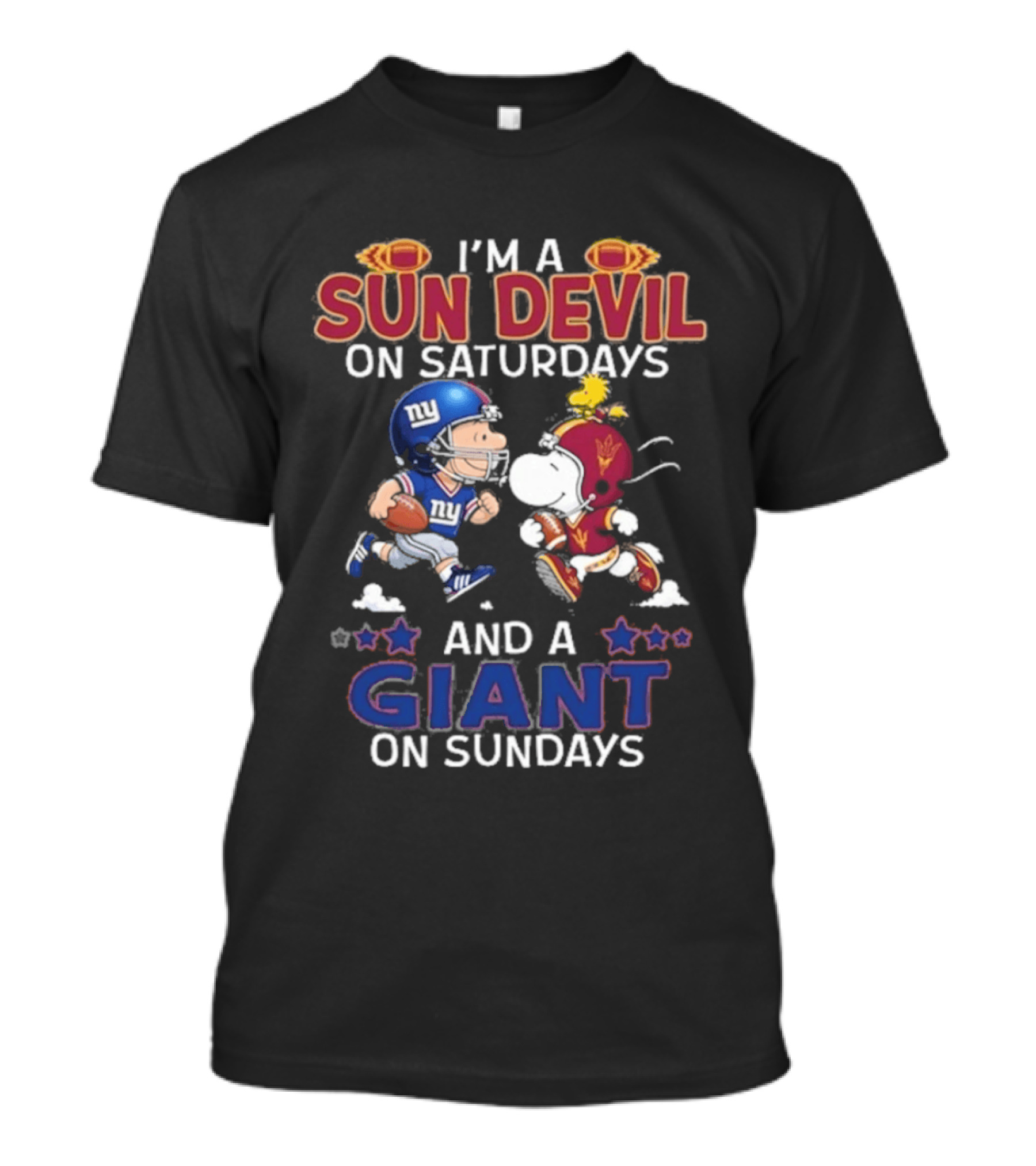 I'm A Sun Devil On Saturdays And A Giant On Sundays Charlie Brown And Snoopy Football T-Shirt