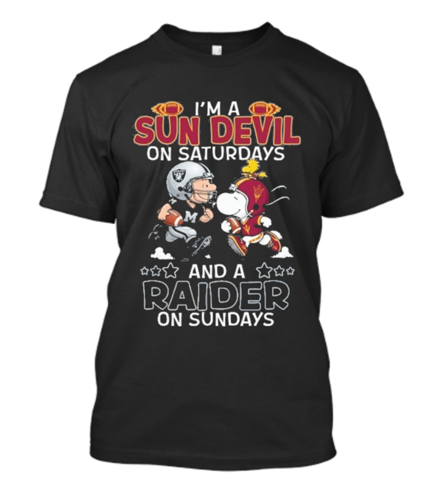 I'm A Sun Devil On Saturdays And A Raider On Sundays Charlie Brown Snoopy T-Shirt