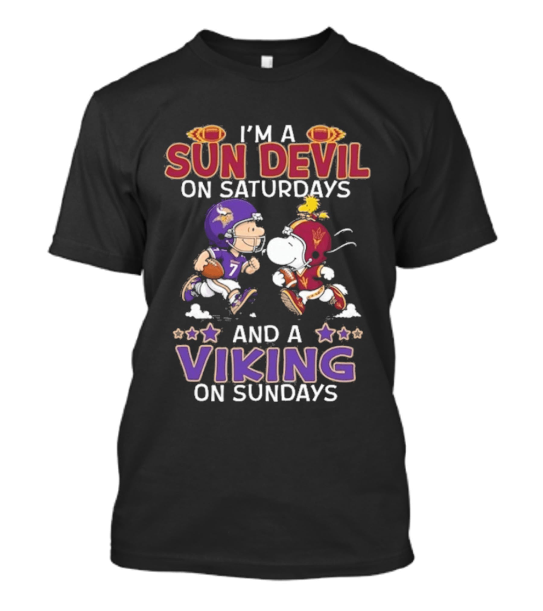 Charlie Brown Snoopy Sun Devil Saturdays Viking Sundays Peanuts Football T-Shirt