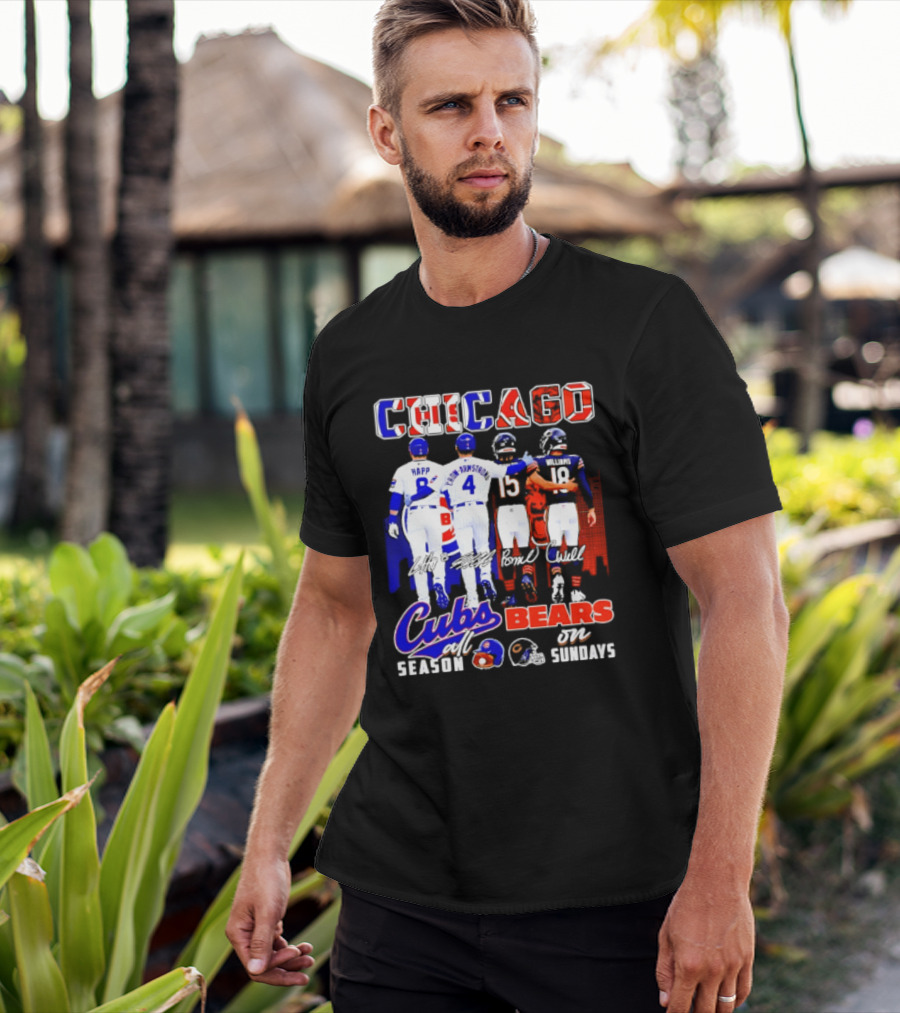 Chicago Cubs Happ And Bote Bears Fields And Moore Signature Skyline Sundays All Season T-Shirt
