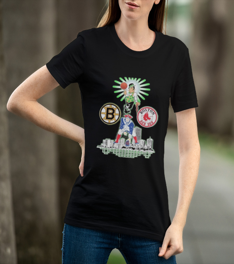 Boston Celtics Red Sox Bruins Skyline Triple Team Sports Boston T-Shirt