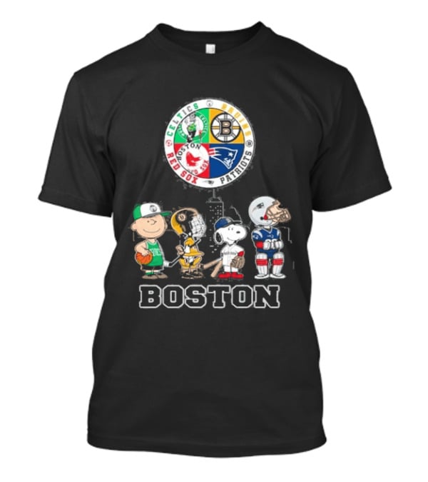Boston Celtics Bruins Red Sox Patriots Cartoon Characters Skyline Sports T-Shirt
