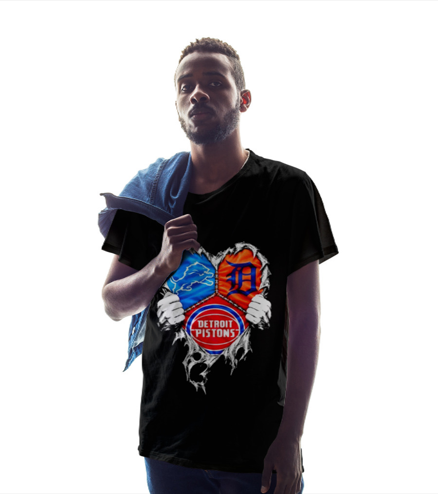 Detroit Lions Tigers Pistons Heart Scratch Mashup T-Shirt