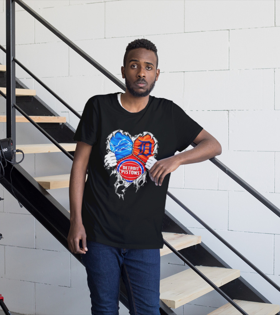 Detroit Lions Tigers Pistons Heart Scratch Mashup T-Shirt