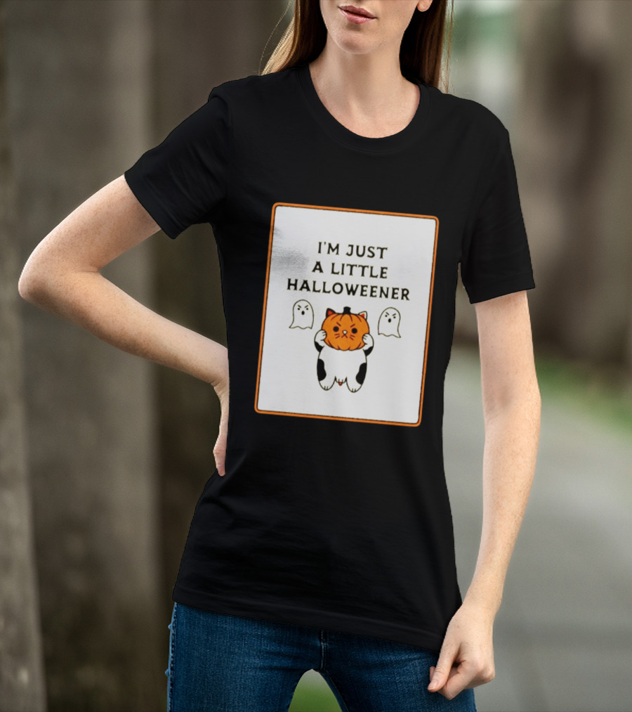 I'm Just A Little Halloweener Cat Holding Pumpkin Face With Ghosts T-Shirt