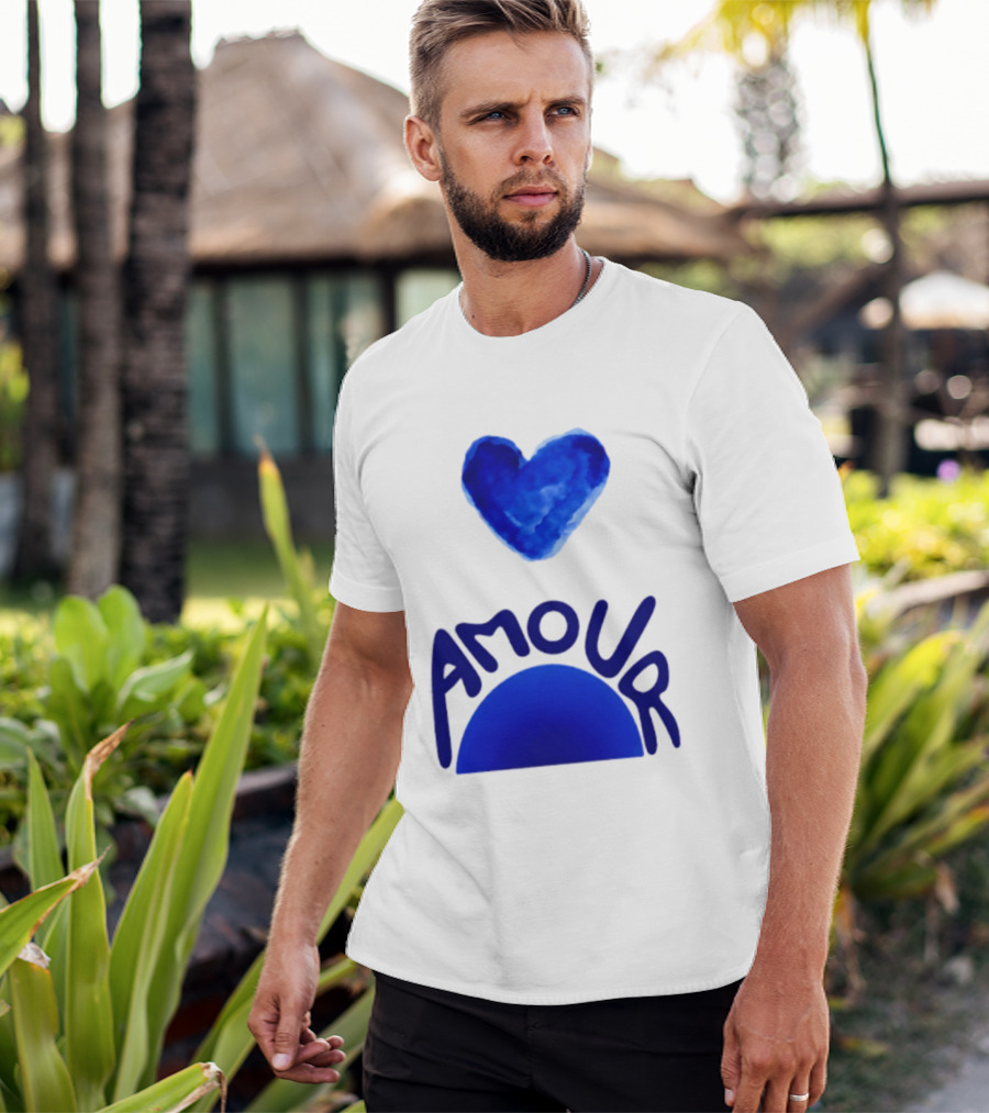 Amour Blue Heart French Love Watercolor T-Shirt