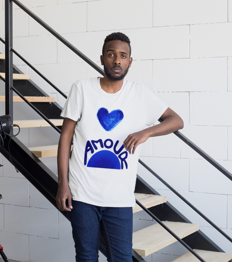 Amour Blue Heart French Love Watercolor T-Shirt