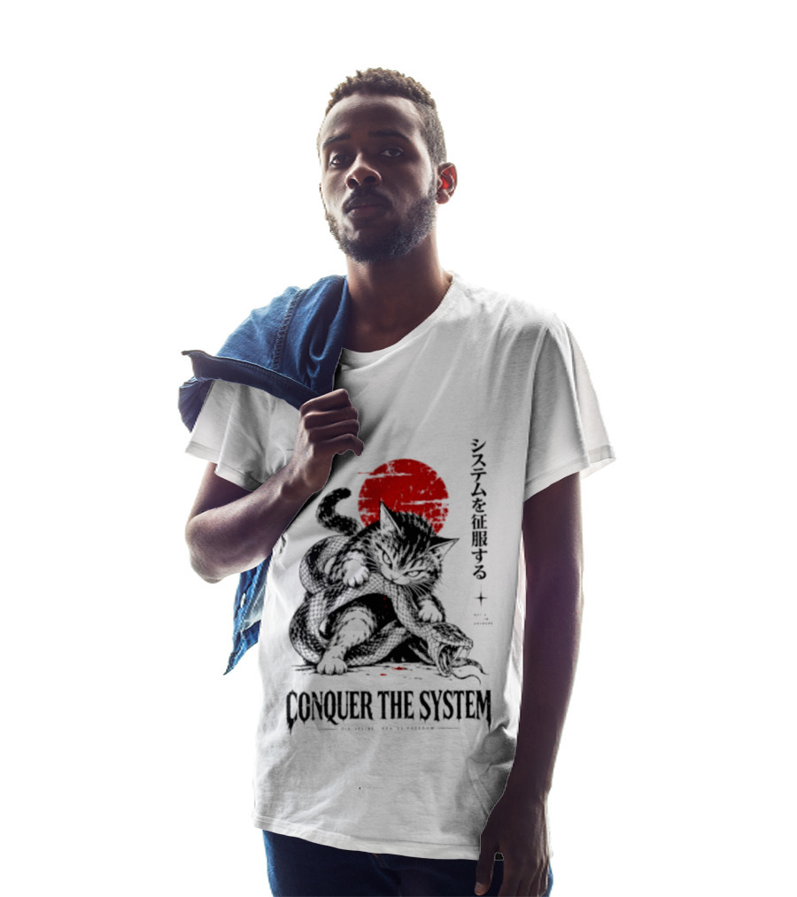 Cat Conquer The System Discipline Creates Freedom Japanese Style Red Sun T-Shirt