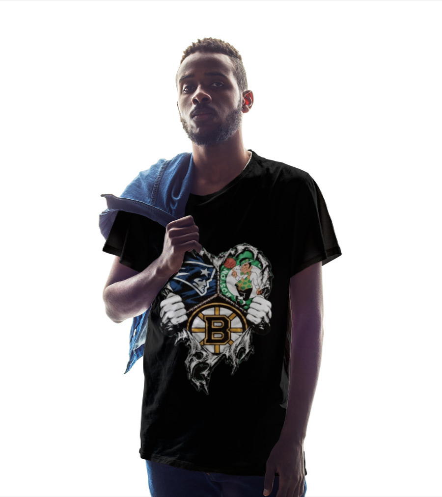 New England Patriots Boston Celtics Boston Bruins Ripped Heart Triple Team Sports T-Shirt