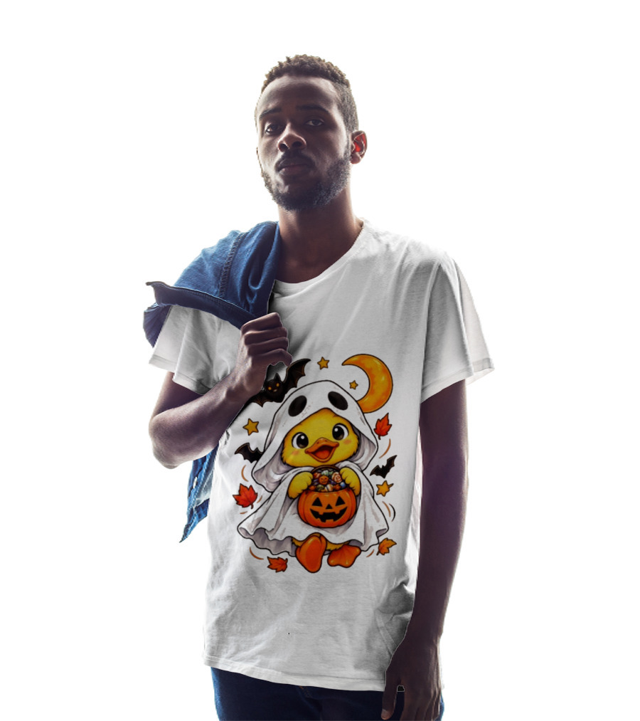 Ghost Ducking With Halloween Pumpkin Candy Bucket Bat Moon And Stars T-Shirt
