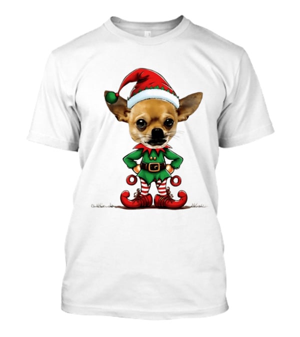 Chihuahua Elf Christmas 2026 Humor Meme Festive Dog In Santa Hat And Green Elf Outfit T-Shirt