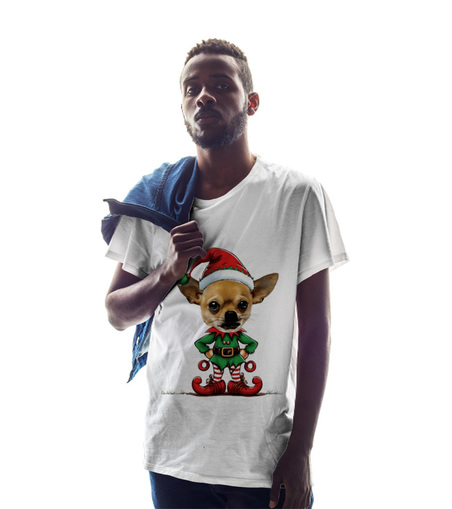 Chihuahua Elf Christmas 2026 Humor Meme Festive Dog In Santa Hat And Green Elf Outfit T-Shirt