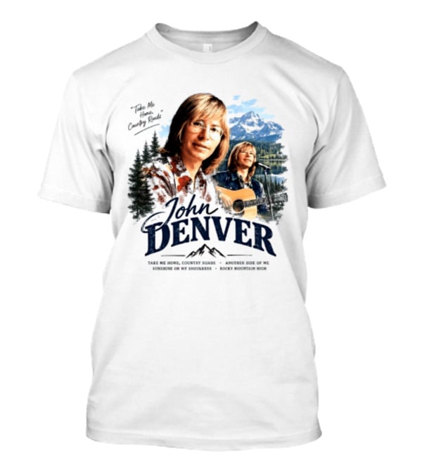John Denver Take Me Home Country Roads Lyrics Mountains Forest Guitar Scene T-Shirt