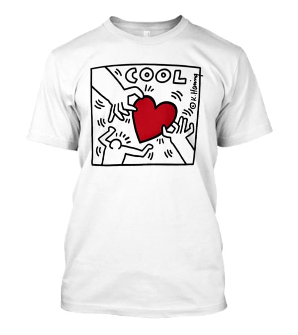 Keith Haring Cool Red Heart Two People Holding Hands Art 90s T-Shirt