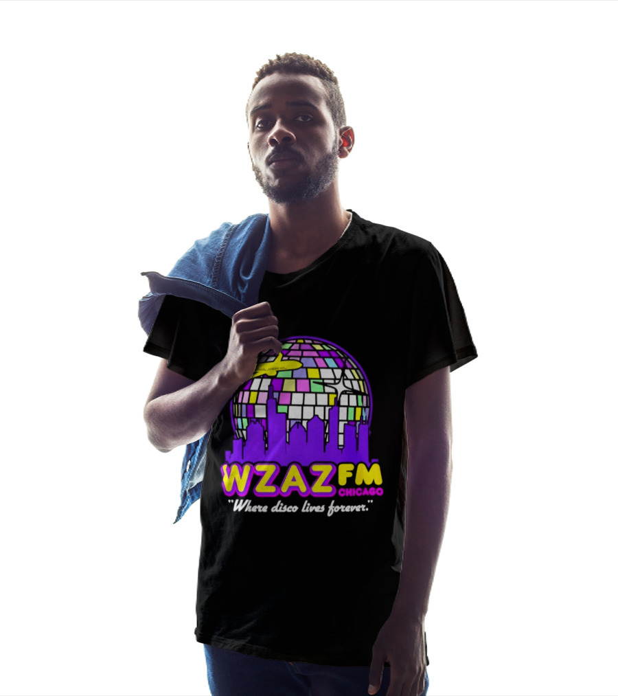 WZAZ FM Chicago Disco Globe And Skyline Where Disco Lives Forever T-Shirt