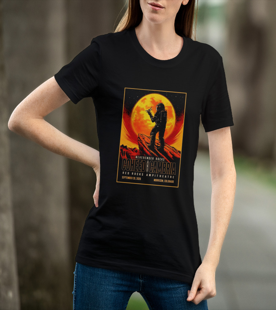 Neverender Rocks Coheed And Cambria Red Rocks Ampitheatre Morrison Colorado September 29 2026 Astronaut Orange Moon Scene T-Shirt