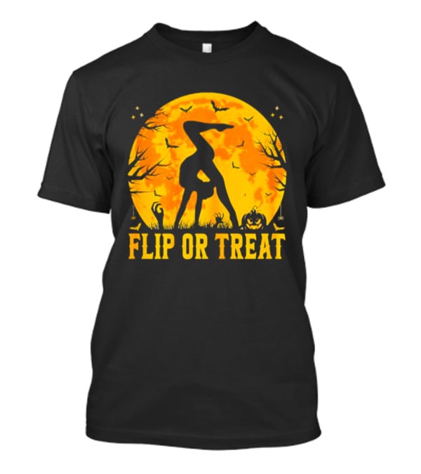 Flip Or Treat Halloween Gymnastics Moon Silhouette Spooky Pumpkin T-Shirt