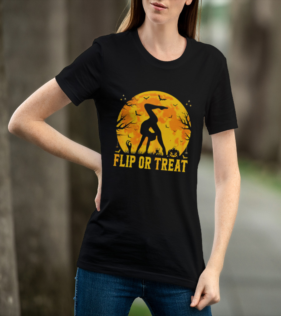 Flip Or Treat Halloween Gymnastics Moon Silhouette Spooky Pumpkin T-Shirt