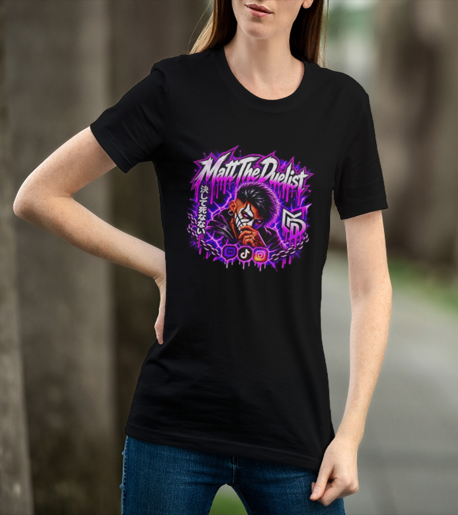 Matt The Duelist Freelance MTD Anime Gamer Mask Neon Purple Kanji T-Shirt