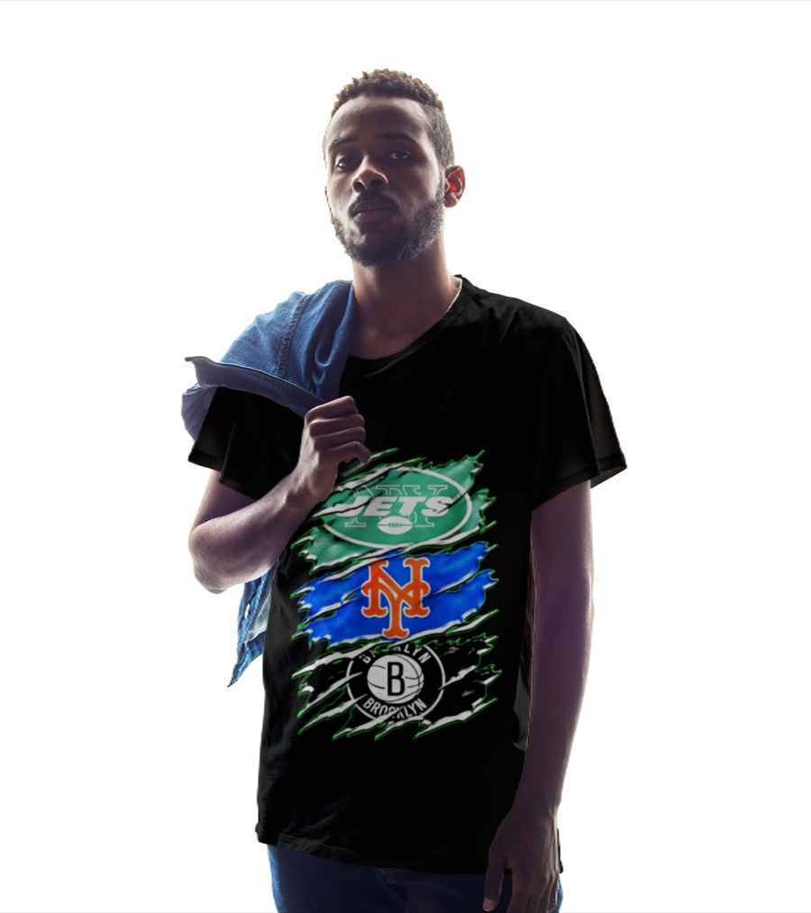 New York Jets Mets Brooklyn Nets Scratch Logo Mashup T-Shirt