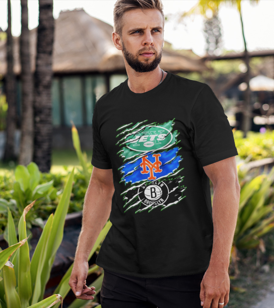 New York Jets Mets Brooklyn Nets Scratch Logo Mashup T-Shirt