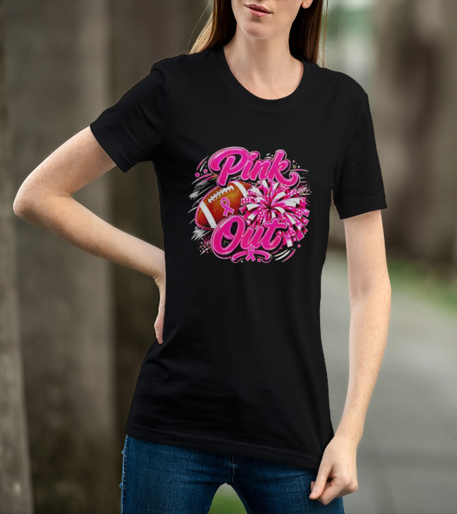 Pink Out Breast Cancer Awareness Football Cheerleading Pom Poms T-Shirt