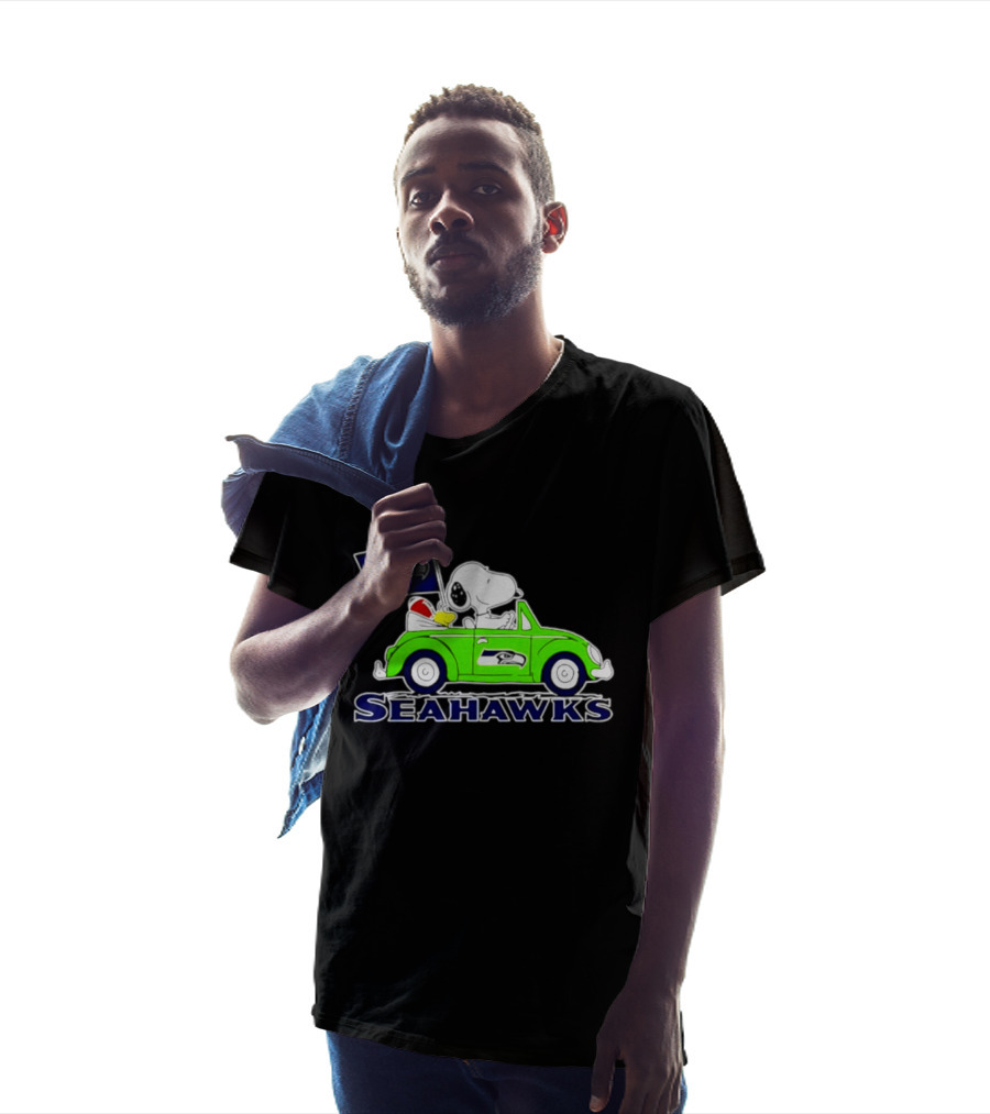 Snoopy In Volkswagen Beetle With Seattle Seahawks Flag 2026 Season T-Shirt