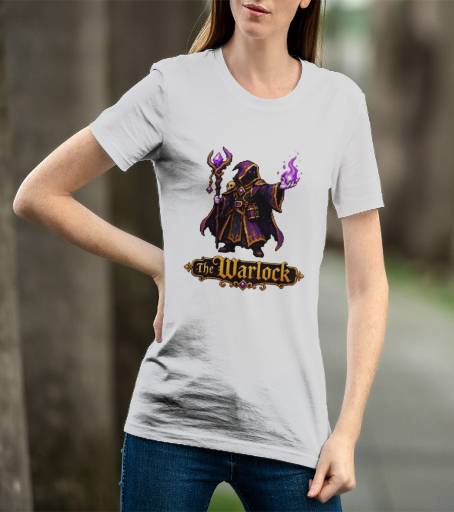 The Warlock Pixel Fantasy Mage RPG Cloaked Wizard With Staff And Magic Spell T-Shirt