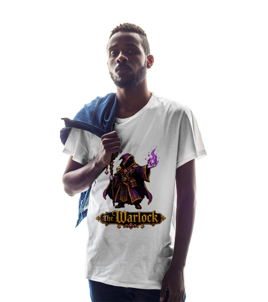 The Warlock Pixel Fantasy Mage RPG Cloaked Wizard With Staff And Magic Spell T-Shirt