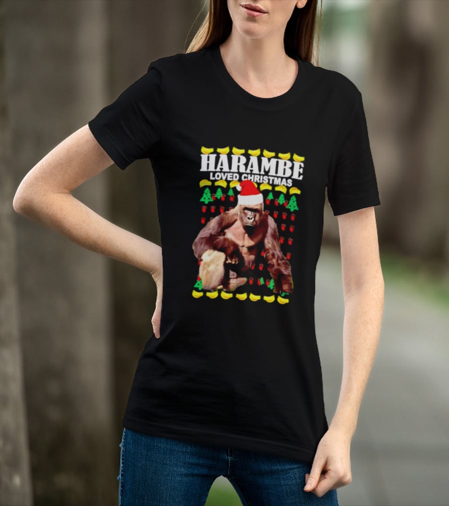 Harambe Loved Christmas Gorilla In Santa Hat With Bananas And Trees T-Shirt