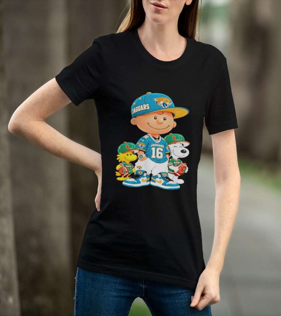 Peanuts Charlie Brown Snoopy Woodstock Jacksonville Jaguars Miami Hurricanes Football Fan Gear T-Shirt